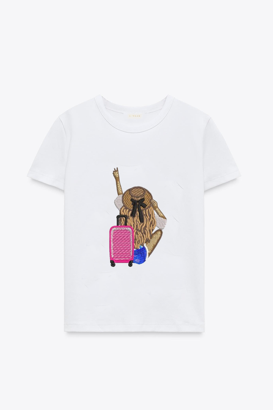 embroidered travel t-shirt, girl with suitcase tee, white cotton travel shirt, wanderlust embroidered top, airport look t-shirt, vacation embroidered tee, embroidered fashion for women, travel aesthetic t-shirt